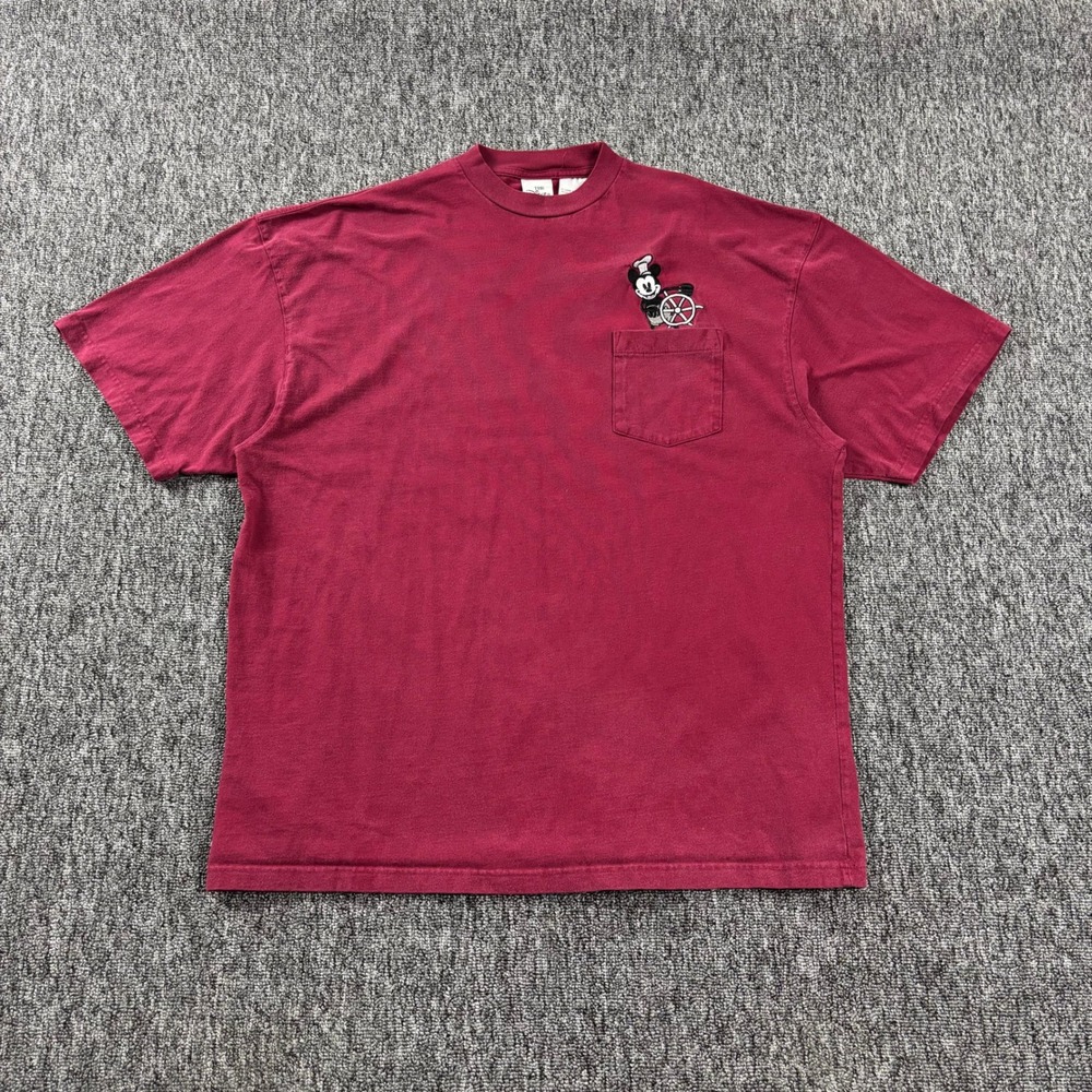 Vintage Disney Willie Mickey Mouse Steamboat Pocket T-Shirt Maroon Red XXL